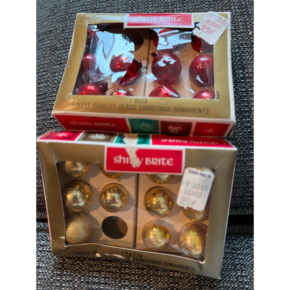 Vintage Shiny Brite Glass Christmas Ornaments Red Gold 2 Boxes 22 Total USA MCM